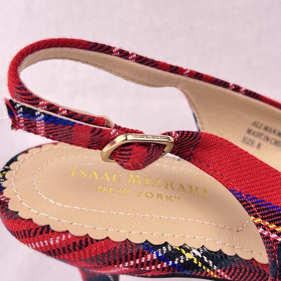 Isaac Mizrahi New York Tartan Red Plaid Slingback Kitten Heels Womens 8 Holiday - Picture 6 of 14